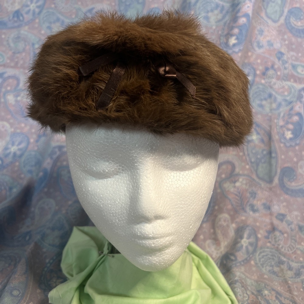 David& David Brown Fur Pillbox, Hat With Bows, Vintage Women's